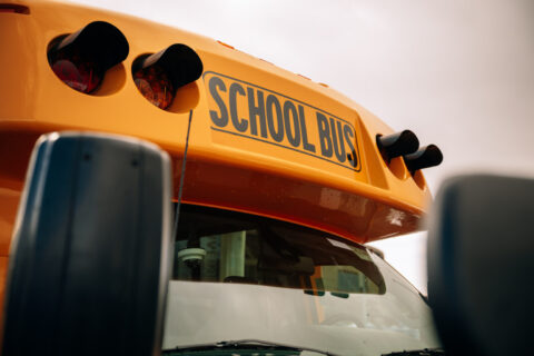Front window of electric school bus.